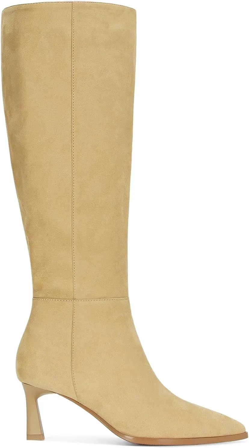 MICIFA Burgundy Kitten Heel Knee High Boots for Women Side Zipper Tall Leather Boots Pointed Toe Fall Dress Boots