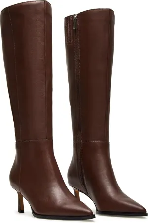 MICIFA Burgundy Kitten Heel Knee High Boots for Women Side Zipper Tall Leather Boots Pointed Toe Fall Dress Boots