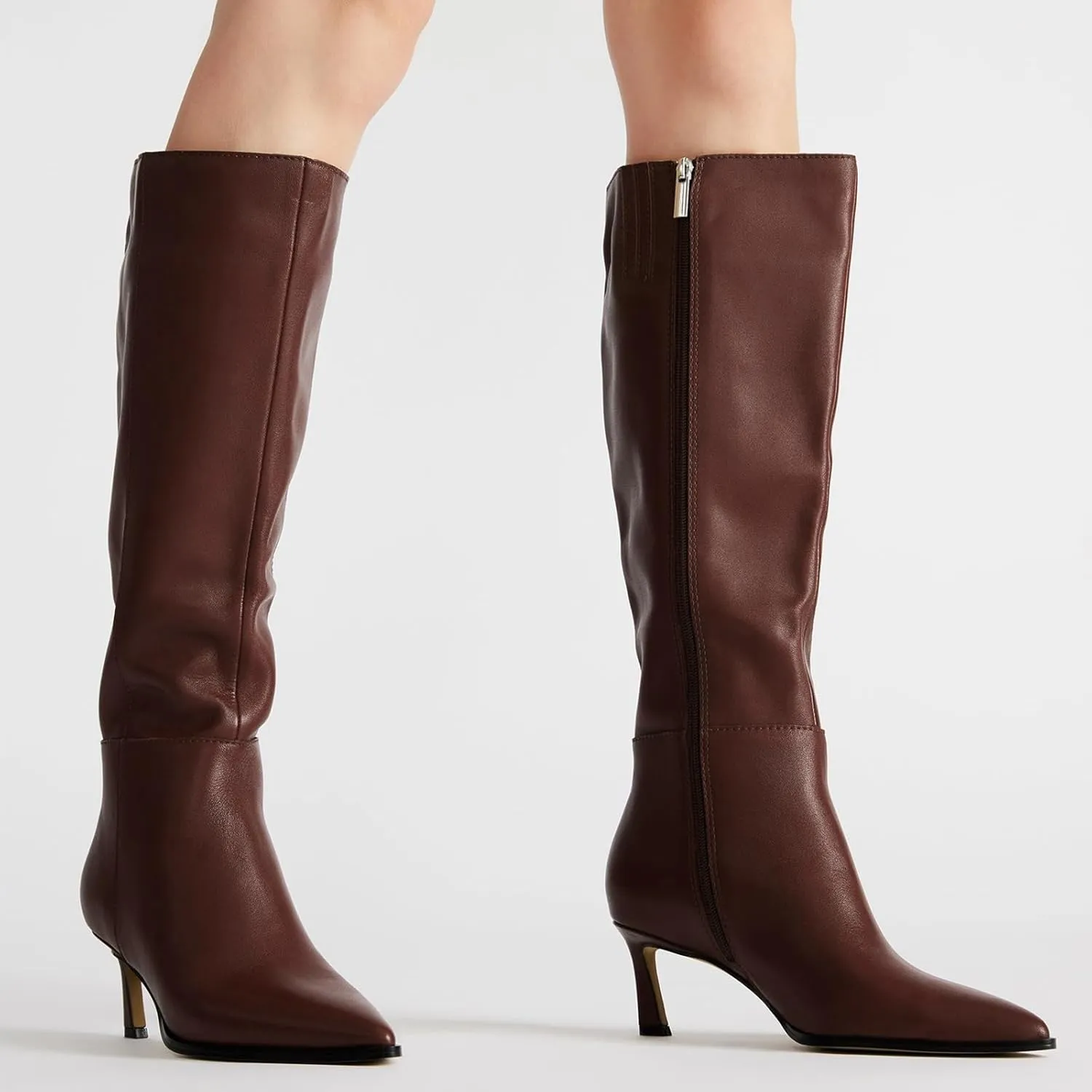 MICIFA Burgundy Kitten Heel Knee High Boots for Women Side Zipper Tall Leather Boots Pointed Toe Fall Dress Boots