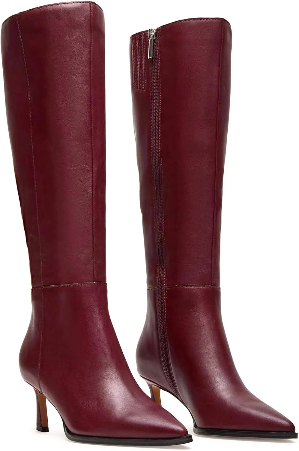 MICIFA Burgundy Kitten Heel Knee High Boots for Women Side Zipper Tall Leather Boots Pointed Toe Fall Dress Boots