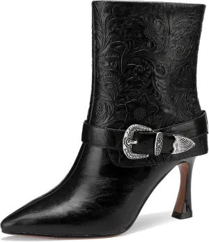 Mid Calf Boots for Women Stiletto Pointed Toe Winter Buckle Extra Wide Calf Botas Para Mujer Dressy Warm Lined Ladies Fashion 3 Inch High Heels