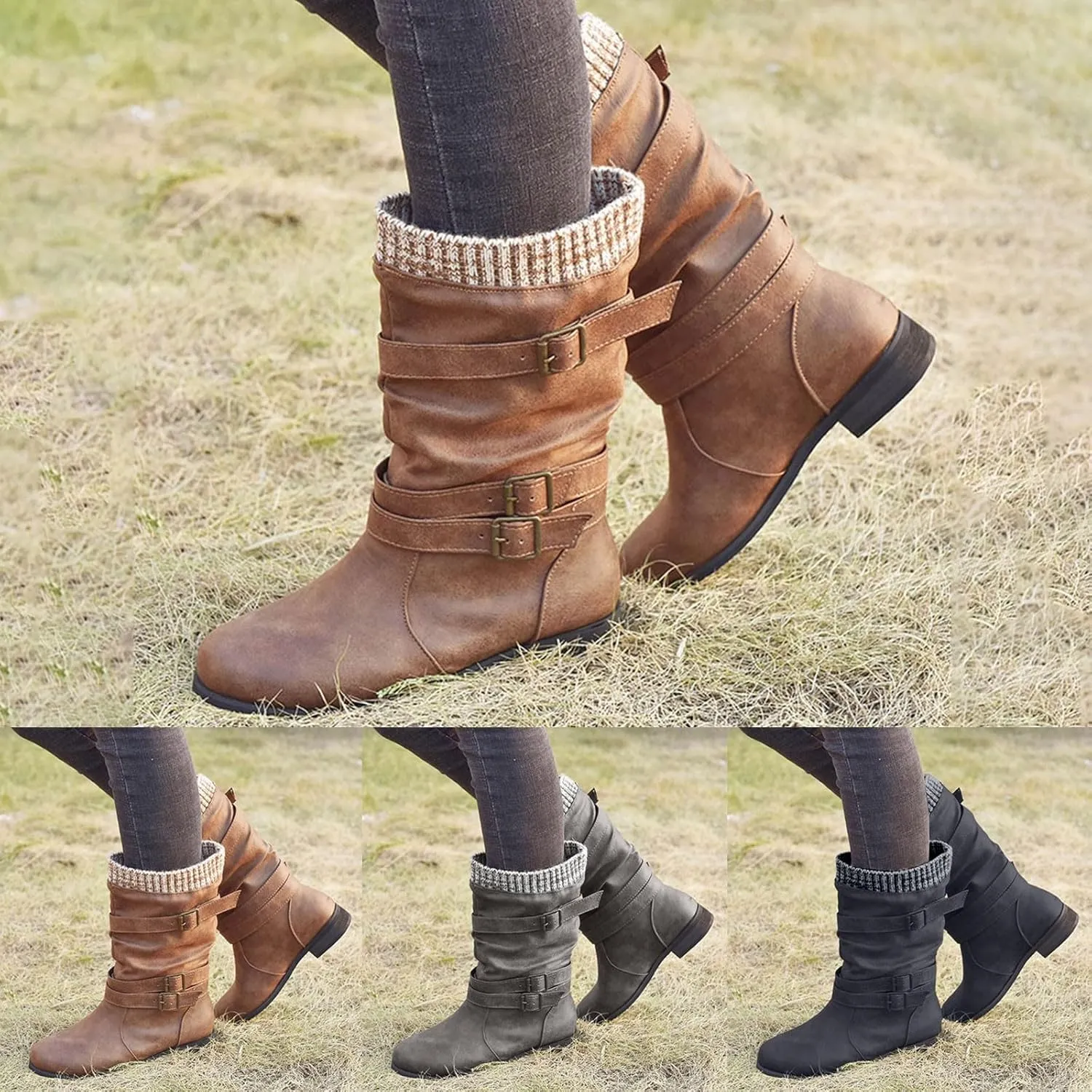 Mid Calf Boots for Women,Womens Riding Boots Vintage Renaissance Boots Slip On Casual Shoes Cosplay Hunter Boots