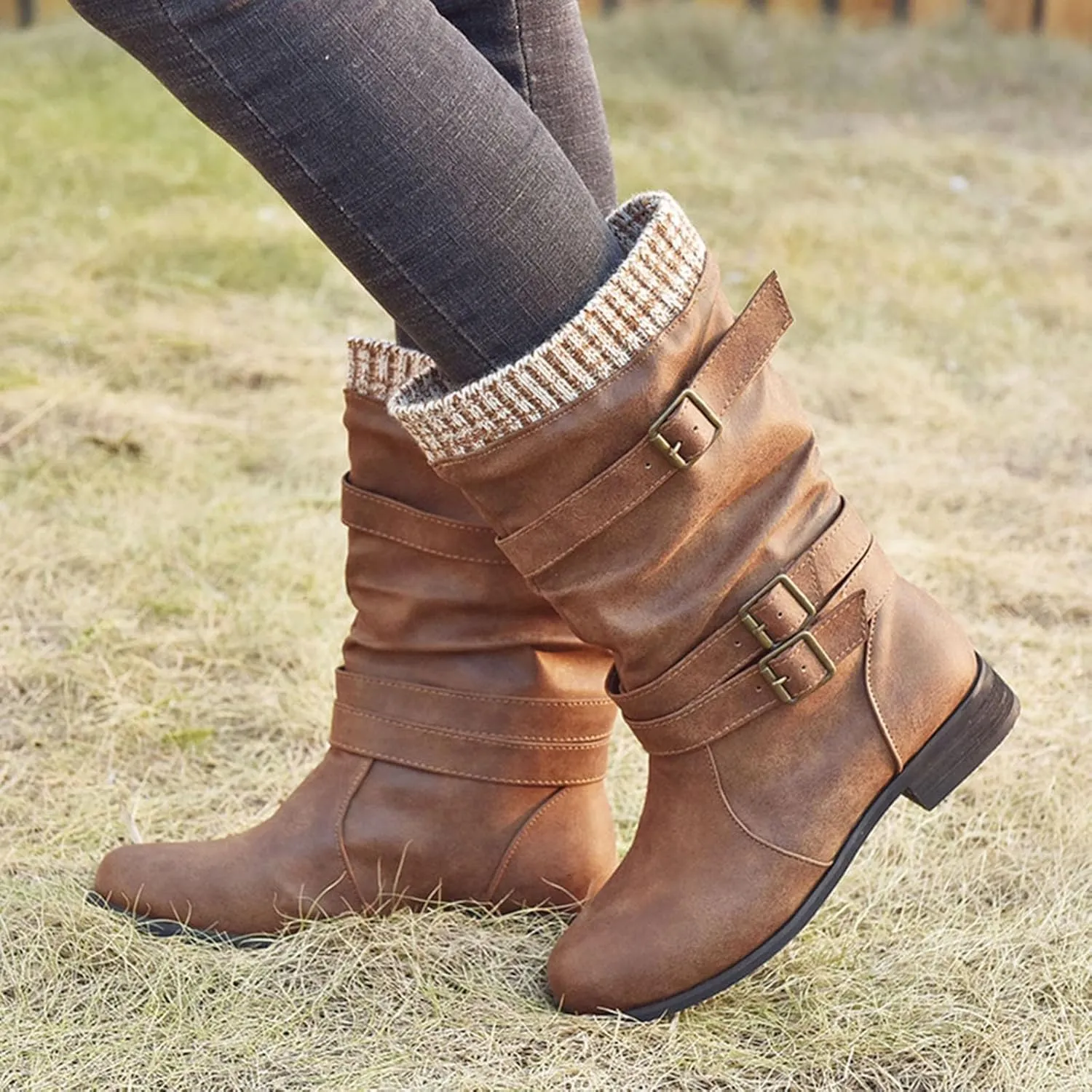Mid Calf Boots for Women,Womens Riding Boots Vintage Renaissance Boots Slip On Casual Shoes Cosplay Hunter Boots