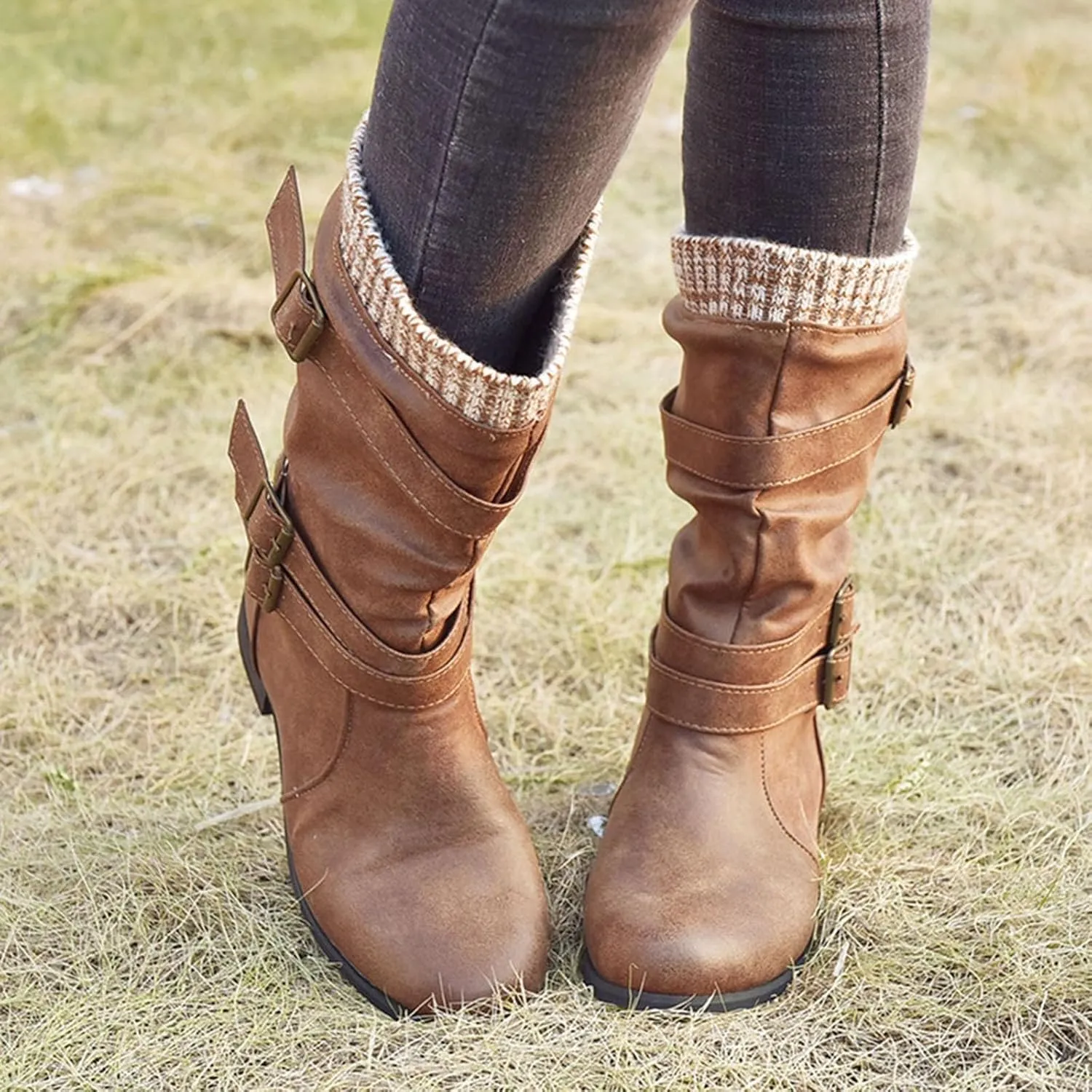 Mid Calf Boots for Women,Womens Riding Boots Vintage Renaissance Boots Slip On Casual Shoes Cosplay Hunter Boots