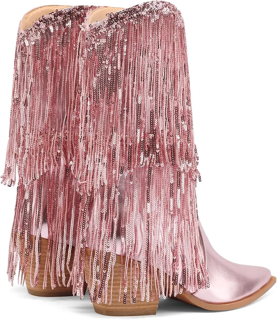 Mi.iM Women's Rhinestone Cowboy Boots Knee High Wide Calf Cowgirl Boots Western Pointed Toe Chunky Heel Sparkly Cowgirl Booties Pull On Cowboy Boots for Women