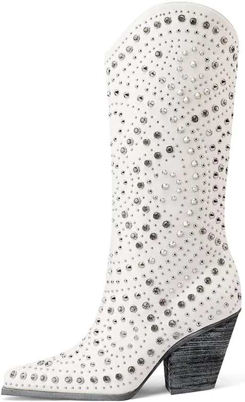 Mi.iM Women's Rhinestone Cowboy Boots Knee High Wide Calf Cowgirl Boots Western Pointed Toe Chunky Heel Sparkly Cowgirl Booties Pull On Cowboy Boots for Women