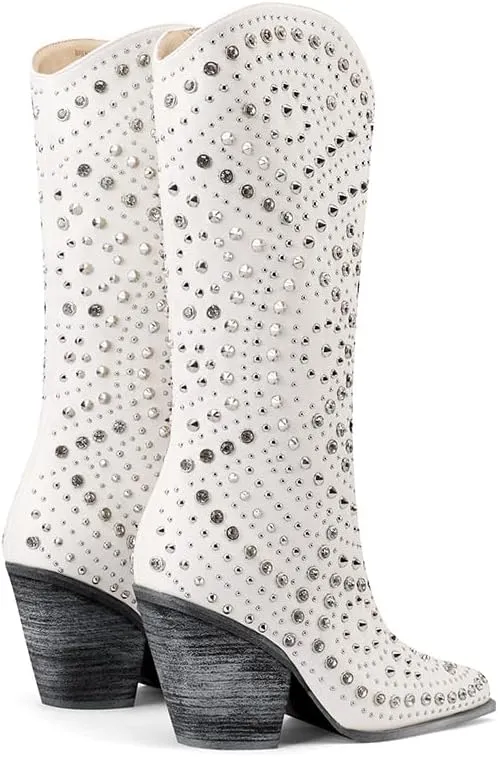 Mi.iM Women's Rhinestone Cowboy Boots Knee High Wide Calf Cowgirl Boots Western Pointed Toe Chunky Heel Sparkly Cowgirl Booties Pull On Cowboy Boots for Women