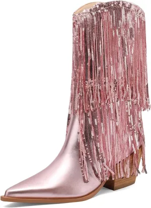 Mi.iM Women's Rhinestone Cowboy Boots Knee High Wide Calf Cowgirl Boots Western Pointed Toe Chunky Heel Sparkly Cowgirl Booties Pull On Cowboy Boots for Women