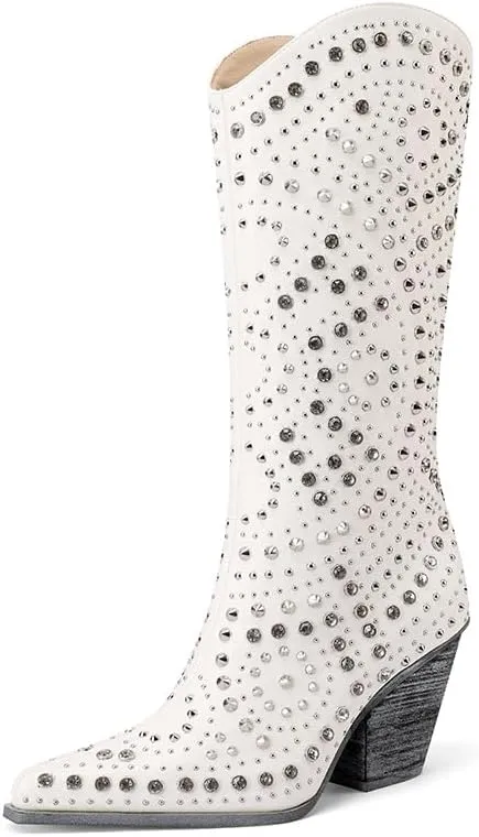 Mi.iM Women's Rhinestone Cowboy Boots Knee High Wide Calf Cowgirl Boots Western Pointed Toe Chunky Heel Sparkly Cowgirl Booties Pull On Cowboy Boots for Women