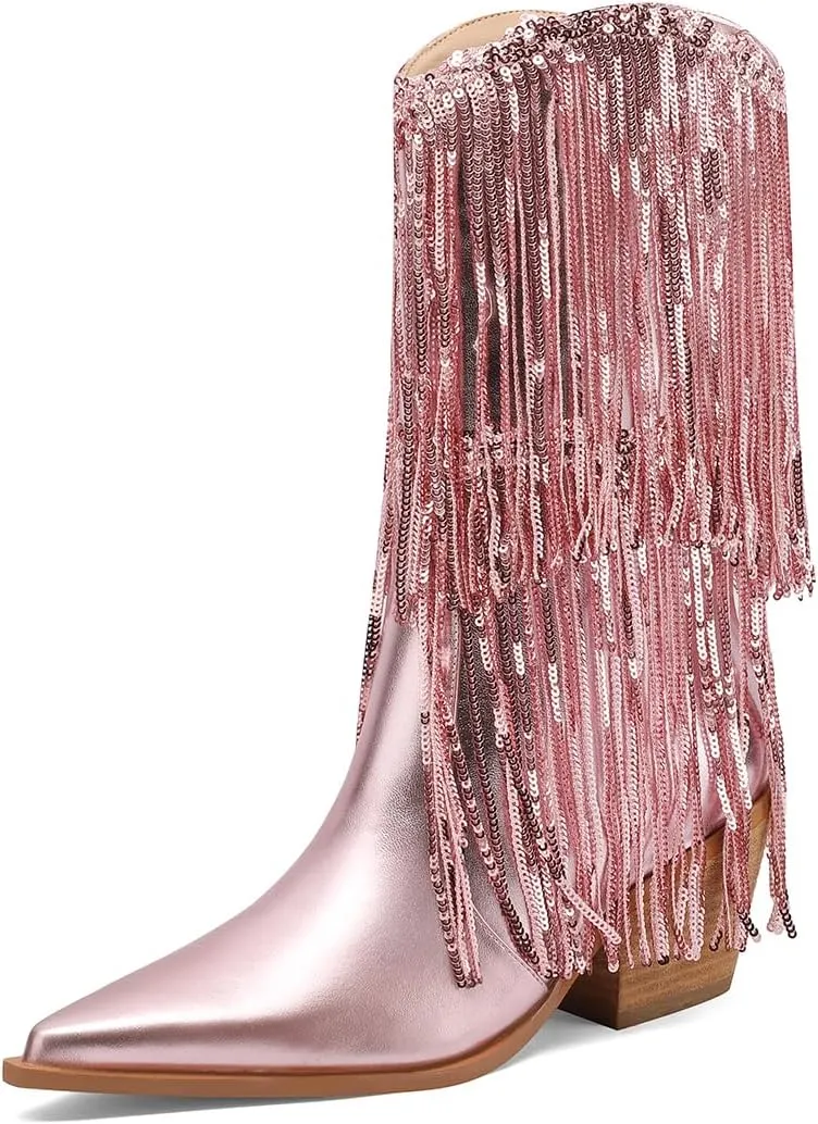 Mi.iM Women's Rhinestone Cowboy Boots Knee High Wide Calf Cowgirl Boots Western Pointed Toe Chunky Heel Sparkly Cowgirl Booties Pull On Cowboy Boots for Women