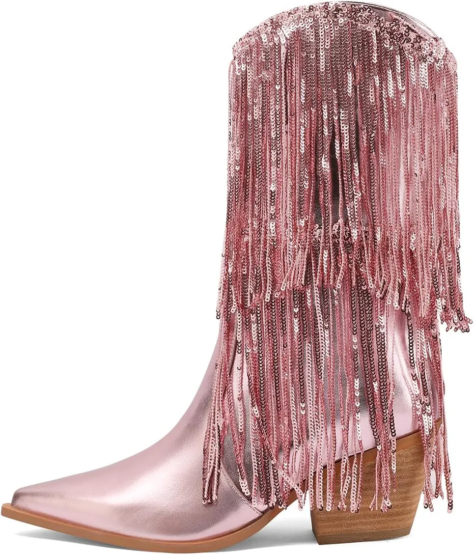 Mi.iM Women's Rhinestone Cowboy Boots Knee High Wide Calf Cowgirl Boots Western Pointed Toe Chunky Heel Sparkly Cowgirl Booties Pull On Cowboy Boots for Women