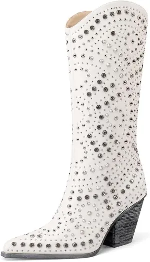 Mi.iM Women's Rhinestone Cowboy Boots Knee High Wide Calf Cowgirl Boots Western Pointed Toe Chunky Heel Sparkly Cowgirl Booties Pull On Cowboy Boots for Women