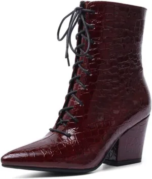 MIOKE Women's Western Chelsea Ankle Boots Pointed Toe Lace Up Zipper Chunky High Heel Dressy Short Booties