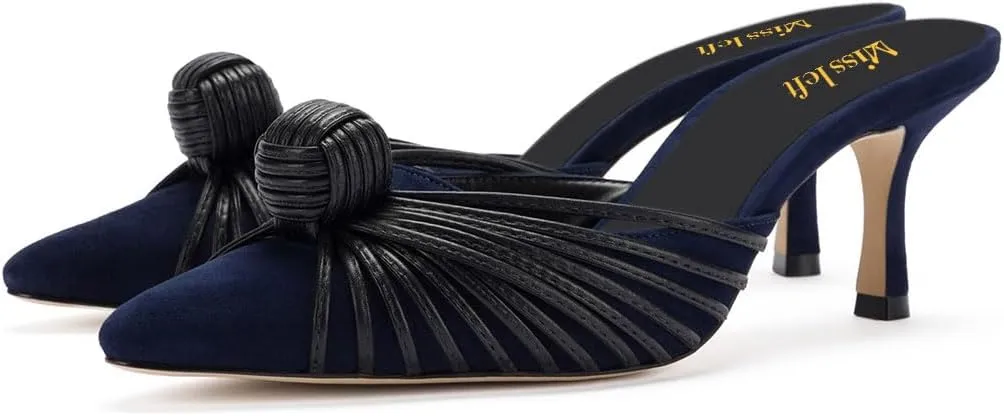 miss left Closed Pointed Toe Mule for Women Knotted Detail Slip On Backless Mid Heel Sandals Comfort Chic Ladies Dress Party Shoes Size 4-16 US