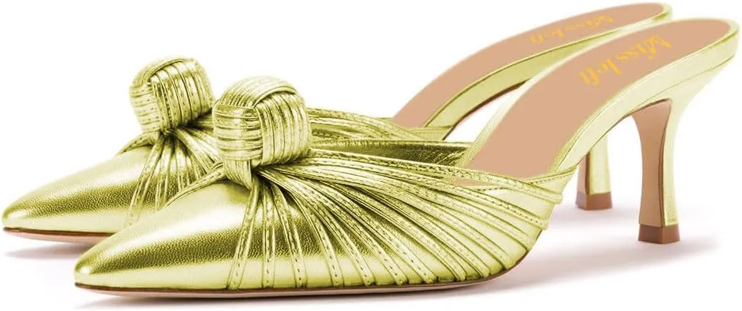 miss left Closed Pointed Toe Mule for Women Knotted Detail Slip On Backless Mid Heel Sandals Comfort Chic Ladies Dress Party Shoes Size 4-16 US