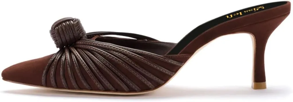 miss left Closed Pointed Toe Mule for Women Knotted Detail Slip On Backless Mid Heel Sandals Comfort Chic Ladies Dress Party Shoes Size 4-16 US