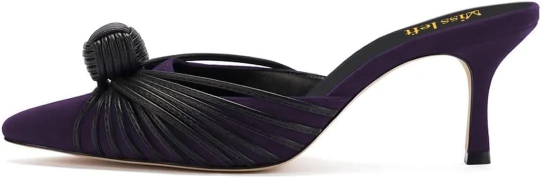 miss left Closed Pointed Toe Mule for Women Knotted Detail Slip On Backless Mid Heel Sandals Comfort Chic Ladies Dress Party Shoes Size 4-16 US