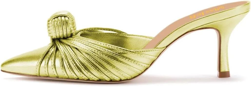 miss left Closed Pointed Toe Mule for Women Knotted Detail Slip On Backless Mid Heel Sandals Comfort Chic Ladies Dress Party Shoes Size 4-16 US