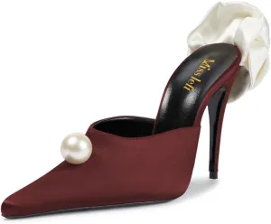 miss left Women Pearls Closed Pointy Toe Slide Sandals Slip On High Stiletto Heel Mules with Flowers Fashion Shopping Indoor Shoes Size 4-16 US