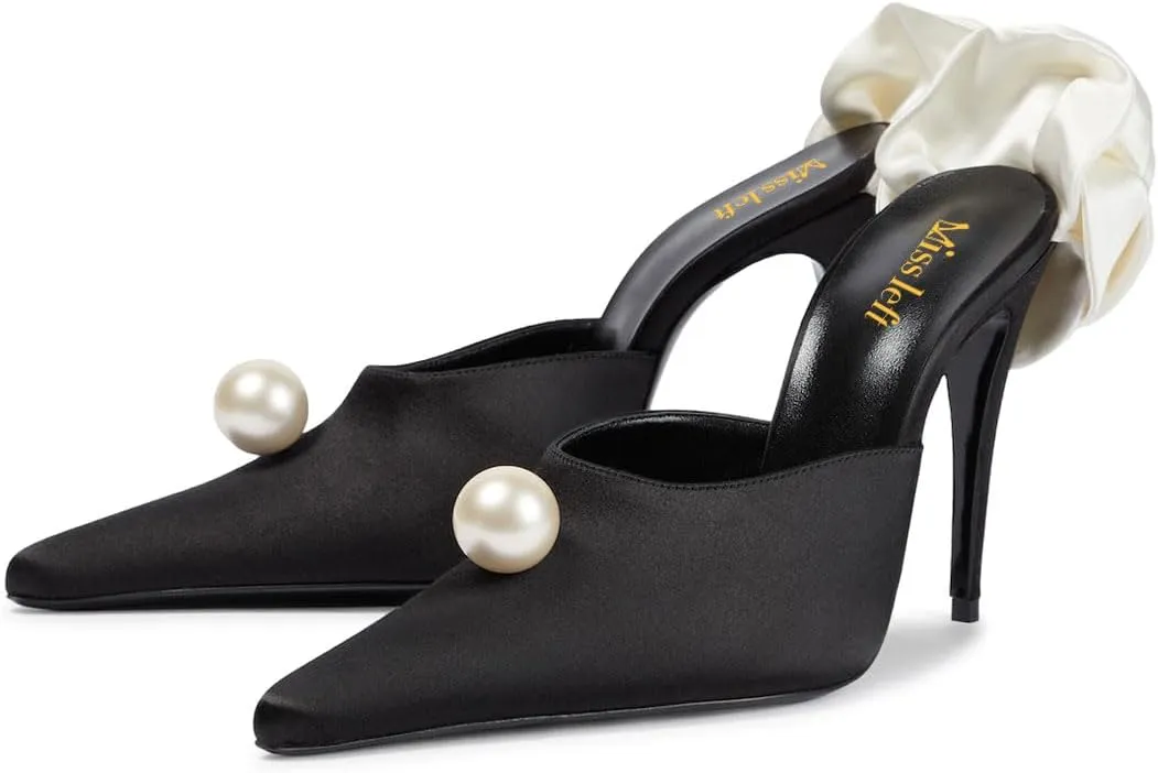 miss left Women Pearls Closed Pointy Toe Slide Sandals Slip On High Stiletto Heel Mules with Flowers Fashion Shopping Indoor Shoes Size 4-16 US