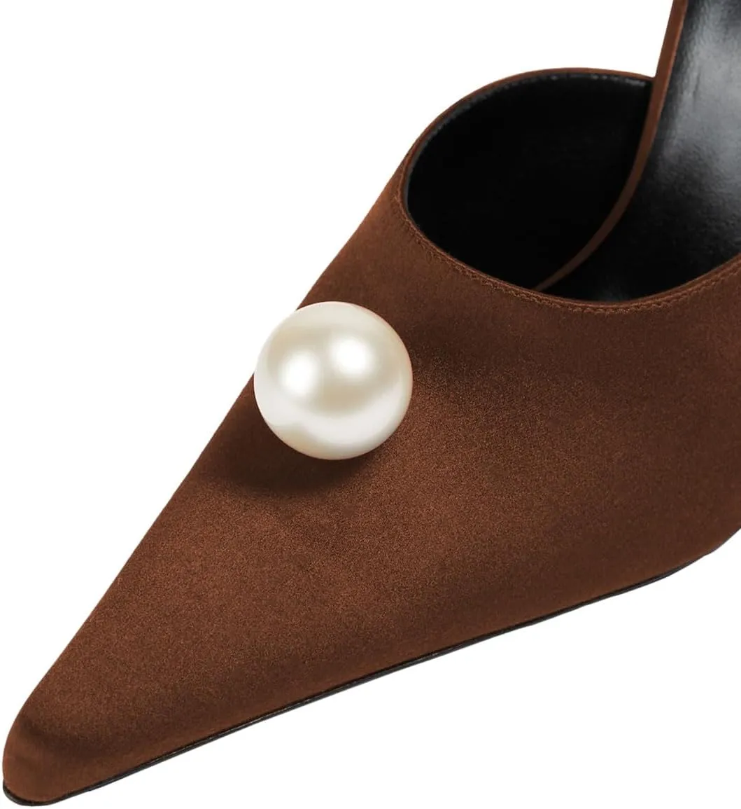 miss left Women Pearls Closed Pointy Toe Slide Sandals Slip On High Stiletto Heel Mules with Flowers Fashion Shopping Indoor Shoes Size 4-16 US