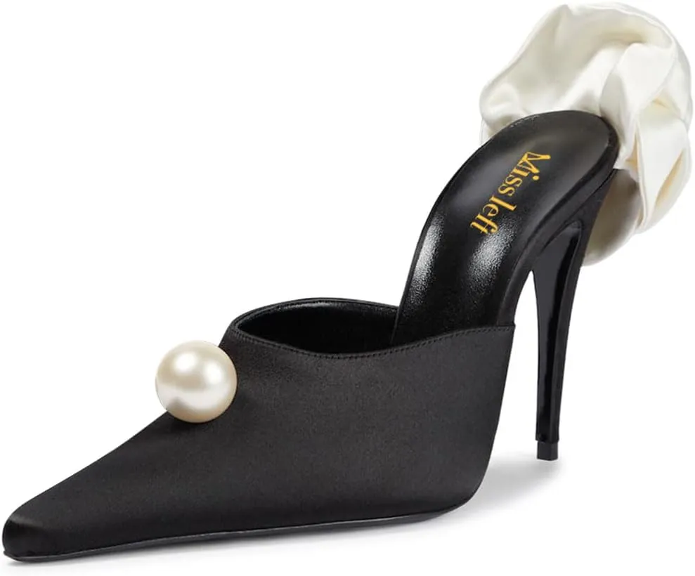miss left Women Pearls Closed Pointy Toe Slide Sandals Slip On High Stiletto Heel Mules with Flowers Fashion Shopping Indoor Shoes Size 4-16 US