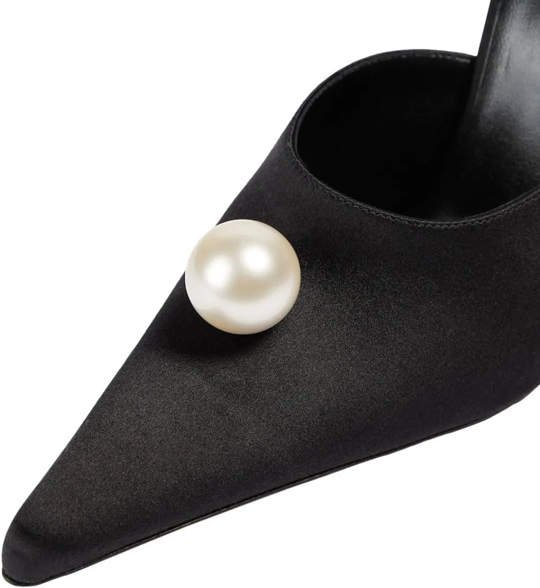 miss left Women Pearls Closed Pointy Toe Slide Sandals Slip On High Stiletto Heel Mules with Flowers Fashion Shopping Indoor Shoes Size 4-16 US