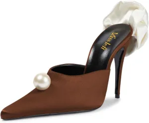 miss left Women Pearls Closed Pointy Toe Slide Sandals Slip On High Stiletto Heel Mules with Flowers Fashion Shopping Indoor Shoes Size 4-16 US