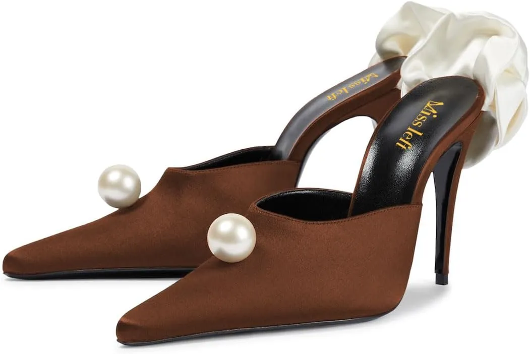 miss left Women Pearls Closed Pointy Toe Slide Sandals Slip On High Stiletto Heel Mules with Flowers Fashion Shopping Indoor Shoes Size 4-16 US