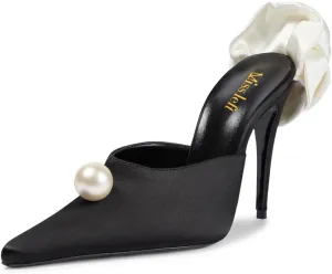 miss left Women Pearls Closed Pointy Toe Slide Sandals Slip On High Stiletto Heel Mules with Flowers Fashion Shopping Indoor Shoes Size 4-16 US