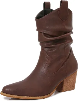 mm Women's Modern Western Short Cowboy Boot with Pull-Up Tabs, Slip On Pointed Toe Chunky Heel Cowgirl Boots for Girls Ladies Fall, Brown, 11