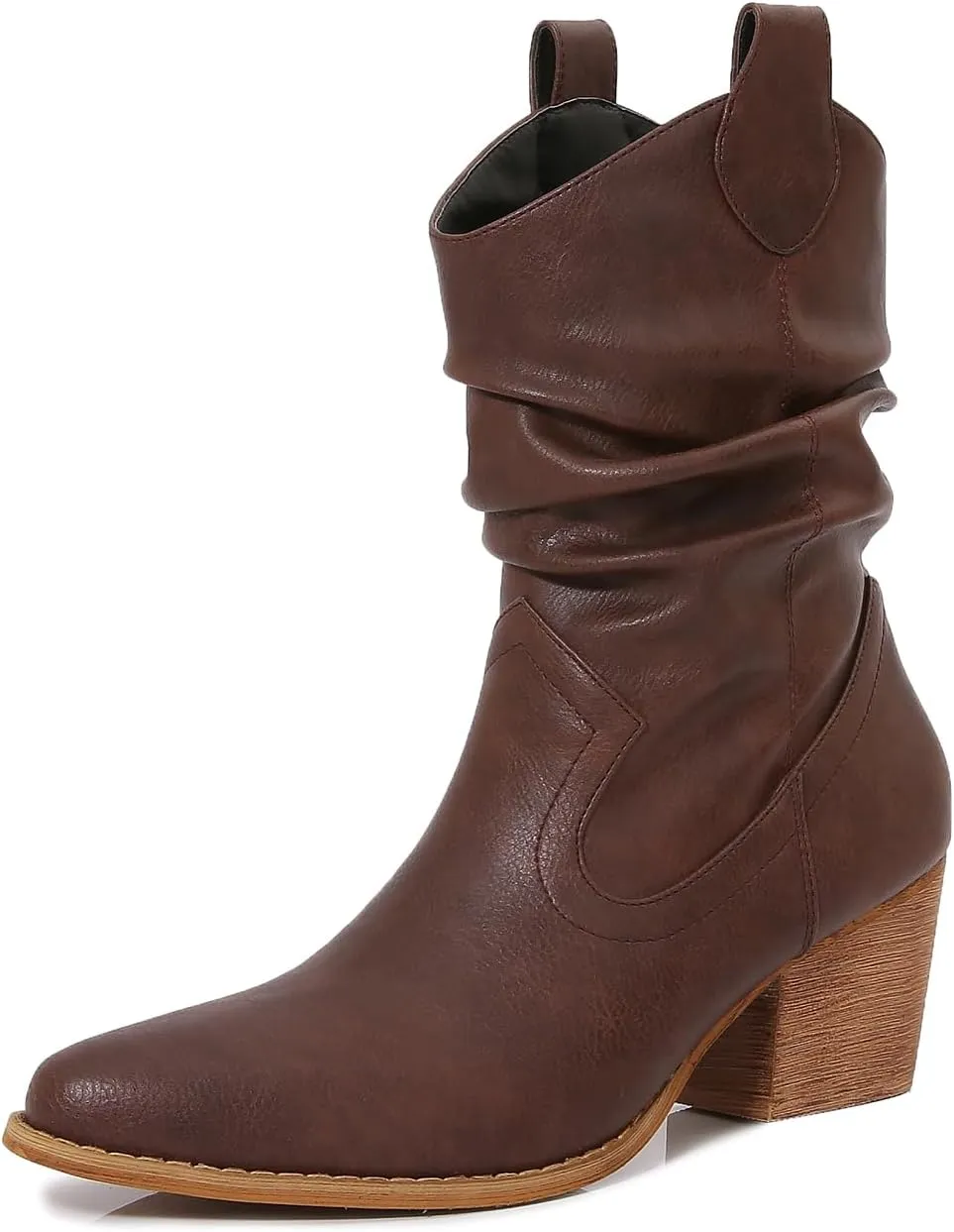 mm Women's Modern Western Short Cowboy Boot with Pull-Up Tabs, Slip On Pointed Toe Chunky Heel Cowgirl Boots for Girls Ladies Fall, Brown, 11