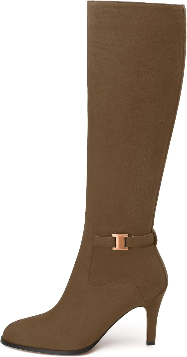 MODENCOCO Knee High Boots for Women Stiletto High Heel Pointed Toe Tall Boots Wide Calf Side Zipper Dress Long Boots Fall Winter Shoes