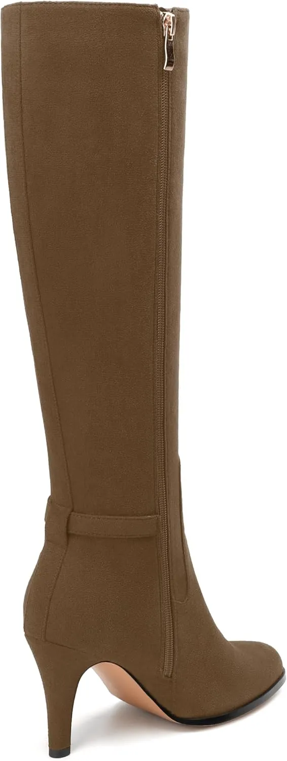 MODENCOCO Knee High Boots for Women Stiletto High Heel Pointed Toe Tall Boots Wide Calf Side Zipper Dress Long Boots Fall Winter Shoes