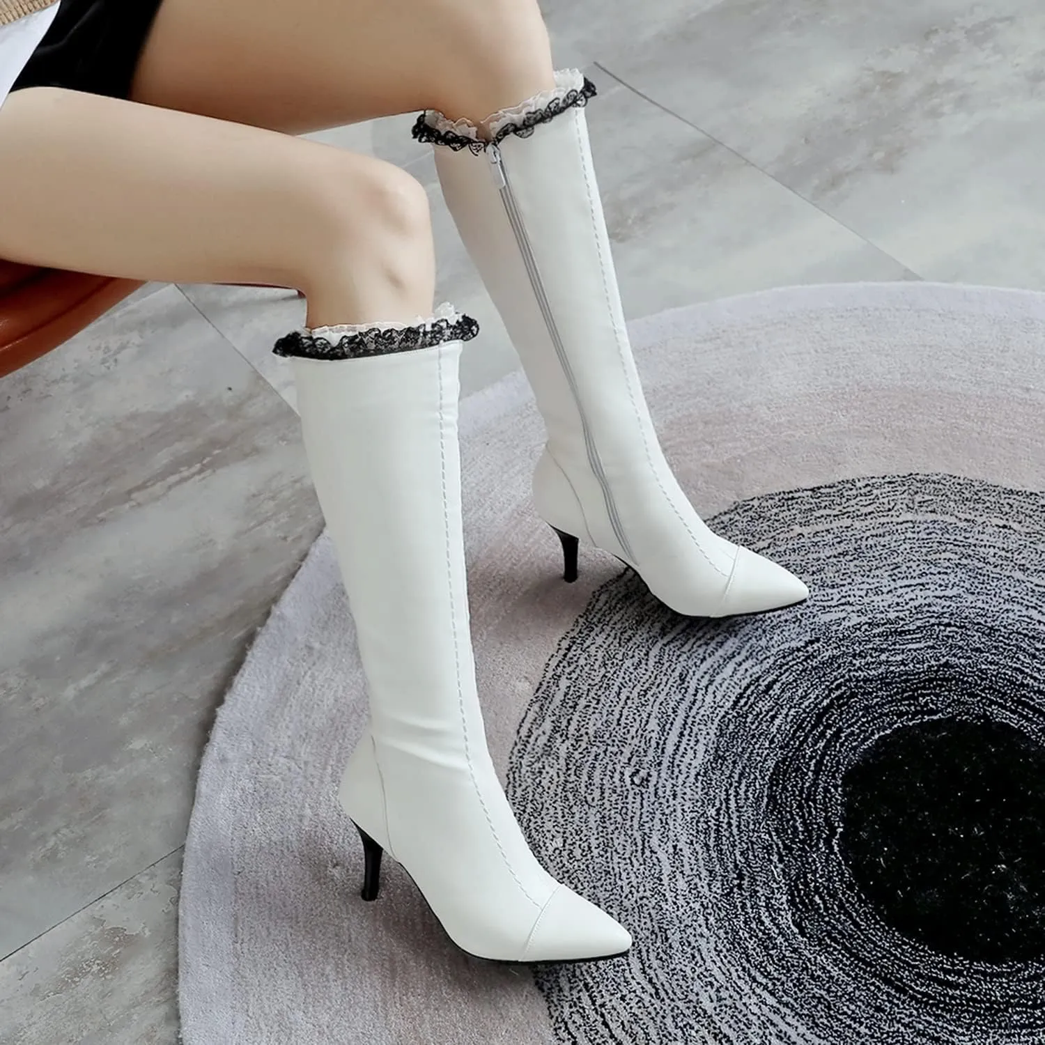 MOOMMO Knee High Stiletto Boots Women Vintage Pointed Toe Lace Trim Side Zipper Long Boots Mid Calf Matte Leather 3 Inch High Heel Dress Boots Sexy Elegant Winter Warm Size 4-13 M US