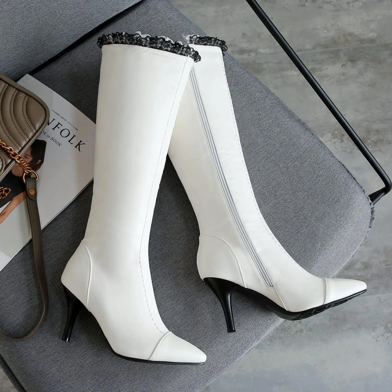MOOMMO Knee High Stiletto Boots Women Vintage Pointed Toe Lace Trim Side Zipper Long Boots Mid Calf Matte Leather 3 Inch High Heel Dress Boots Sexy Elegant Winter Warm Size 4-13 M US