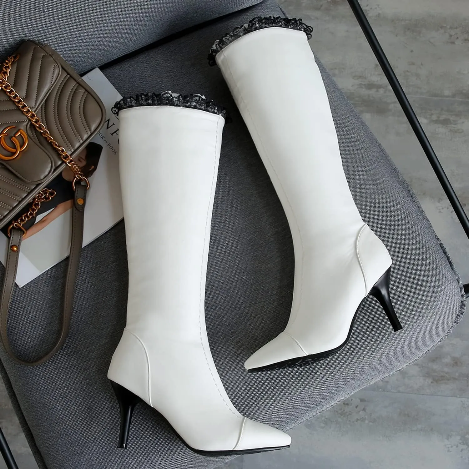 MOOMMO Knee High Stiletto Boots Women Vintage Pointed Toe Lace Trim Side Zipper Long Boots Mid Calf Matte Leather 3 Inch High Heel Dress Boots Sexy Elegant Winter Warm Size 4-13 M US