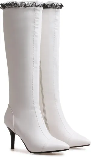 MOOMMO Knee High Stiletto Boots Women Vintage Pointed Toe Lace Trim Side Zipper Long Boots Mid Calf Matte Leather 3 Inch High Heel Dress Boots Sexy Elegant Winter Warm Size 4-13 M US