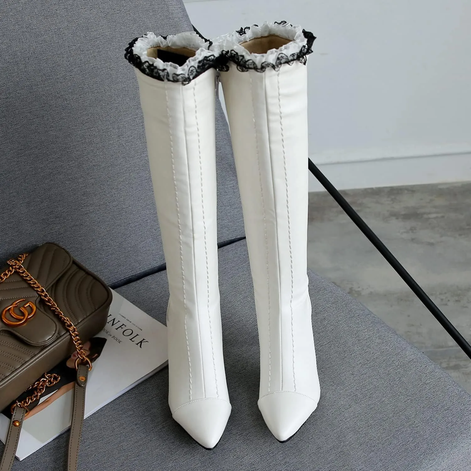 MOOMMO Knee High Stiletto Boots Women Vintage Pointed Toe Lace Trim Side Zipper Long Boots Mid Calf Matte Leather 3 Inch High Heel Dress Boots Sexy Elegant Winter Warm Size 4-13 M US