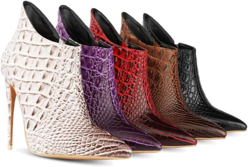 MOOMMO Vintage Pointed Toe Stiletto Heels Ankle Boots for Women Animal Print Side Zip 5 Inch High Heel Leopard Crocodile Boots Zipper Snakeskin Dress Boot Suede Booties Dressy Fashion Party 4-12 M US
