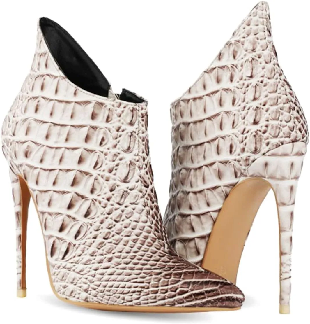 MOOMMO Vintage Pointed Toe Stiletto Heels Ankle Boots for Women Animal Print Side Zip 5 Inch High Heel Leopard Crocodile Boots Zipper Snakeskin Dress Boot Suede Booties Dressy Fashion Party 4-12 M US