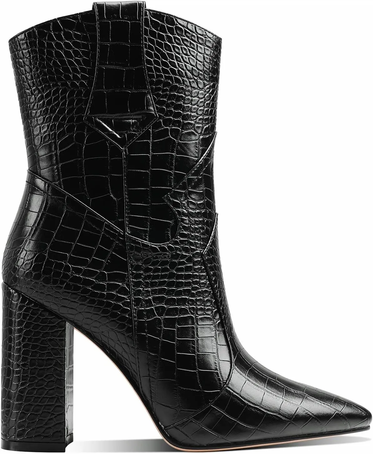 MOOMMO Women High Block Heel Mid Calf Western Booties Pointed Toe Cowboy Booties Crocodile Cowgirl Ankle Boots Pull On Matte Leather 3 Inch Chunky Heel Stone Pattern Vintage Dress Booties Shoes 4-11 M US