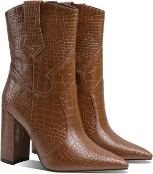 MOOMMO Women High Block Heel Mid Calf Western Booties Pointed Toe Cowboy Booties Crocodile Cowgirl Ankle Boots Pull On Matte Leather 3 Inch Chunky Heel Stone Pattern Vintage Dress Booties Shoes 4-11 M US