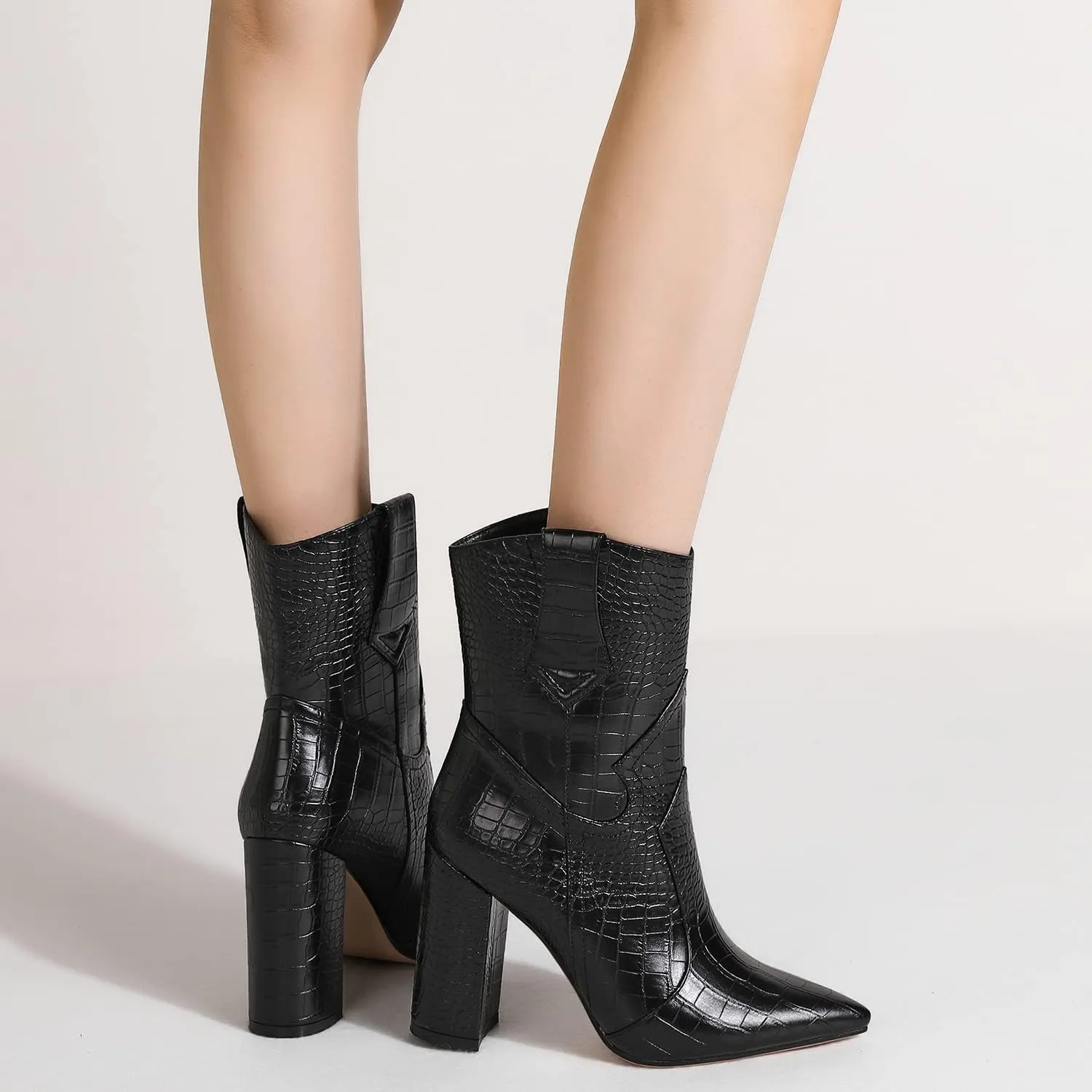 MOOMMO Women High Block Heel Mid Calf Western Booties Pointed Toe Cowboy Booties Crocodile Cowgirl Ankle Boots Pull On Matte Leather 3 Inch Chunky Heel Stone Pattern Vintage Dress Booties Shoes 4-11 M US