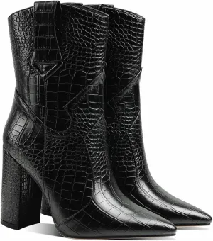 MOOMMO Women High Block Heel Mid Calf Western Booties Pointed Toe Cowboy Booties Crocodile Cowgirl Ankle Boots Pull On Matte Leather 3 Inch Chunky Heel Stone Pattern Vintage Dress Booties Shoes 4-11 M US