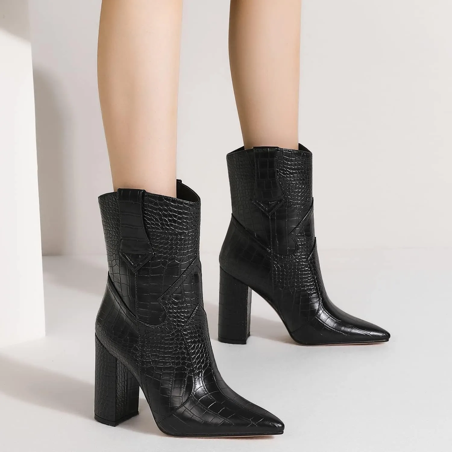 MOOMMO Women High Block Heel Mid Calf Western Booties Pointed Toe Cowboy Booties Crocodile Cowgirl Ankle Boots Pull On Matte Leather 3 Inch Chunky Heel Stone Pattern Vintage Dress Booties Shoes 4-11 M US
