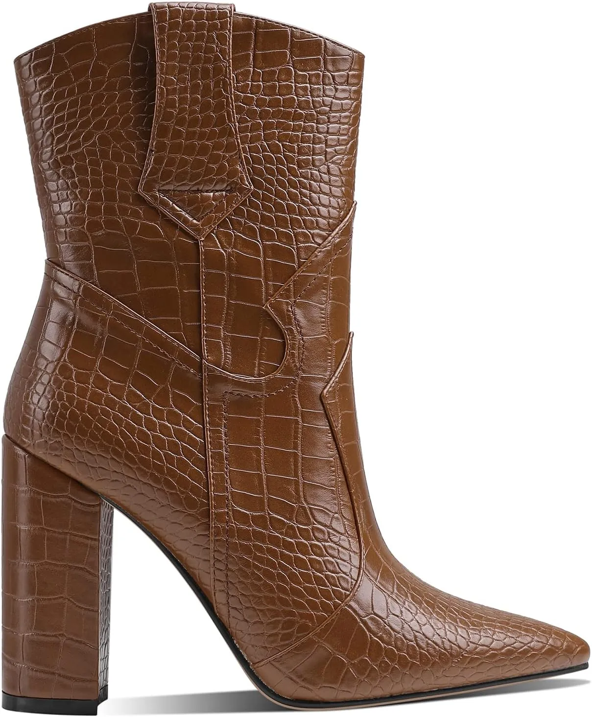 MOOMMO Women High Block Heel Mid Calf Western Booties Pointed Toe Cowboy Booties Crocodile Cowgirl Ankle Boots Pull On Matte Leather 3 Inch Chunky Heel Stone Pattern Vintage Dress Booties Shoes 4-11 M US