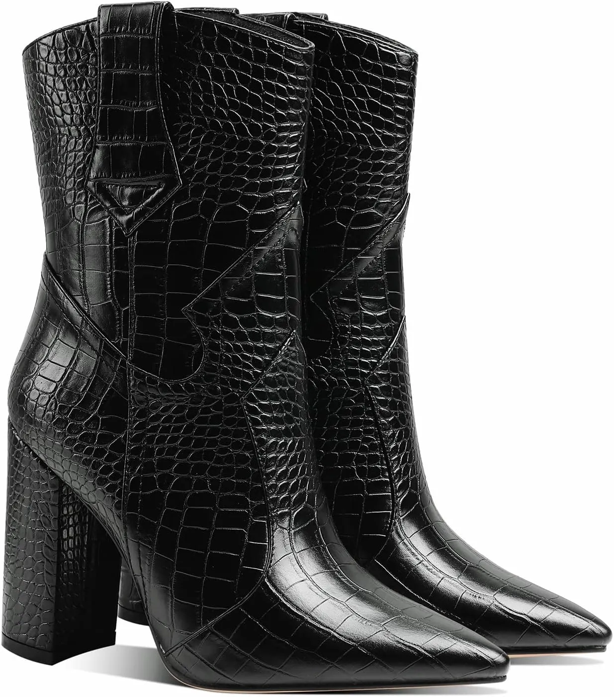 MOOMMO Women High Block Heel Mid Calf Western Booties Pointed Toe Cowboy Booties Crocodile Cowgirl Ankle Boots Pull On Matte Leather 3 Inch Chunky Heel Stone Pattern Vintage Dress Booties Shoes 4-11 M US