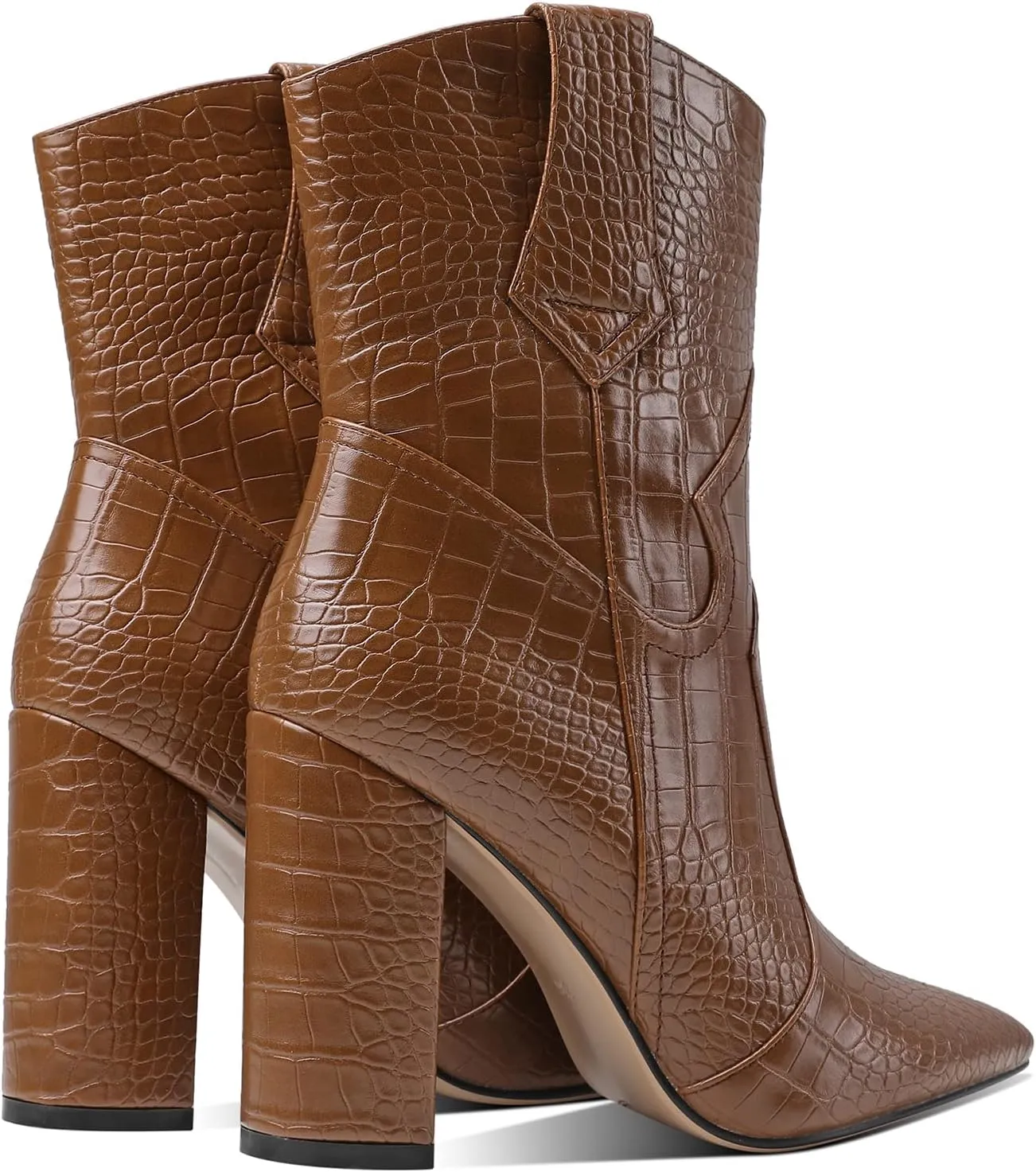 MOOMMO Women High Block Heel Mid Calf Western Booties Pointed Toe Cowboy Booties Crocodile Cowgirl Ankle Boots Pull On Matte Leather 3 Inch Chunky Heel Stone Pattern Vintage Dress Booties Shoes 4-11 M US