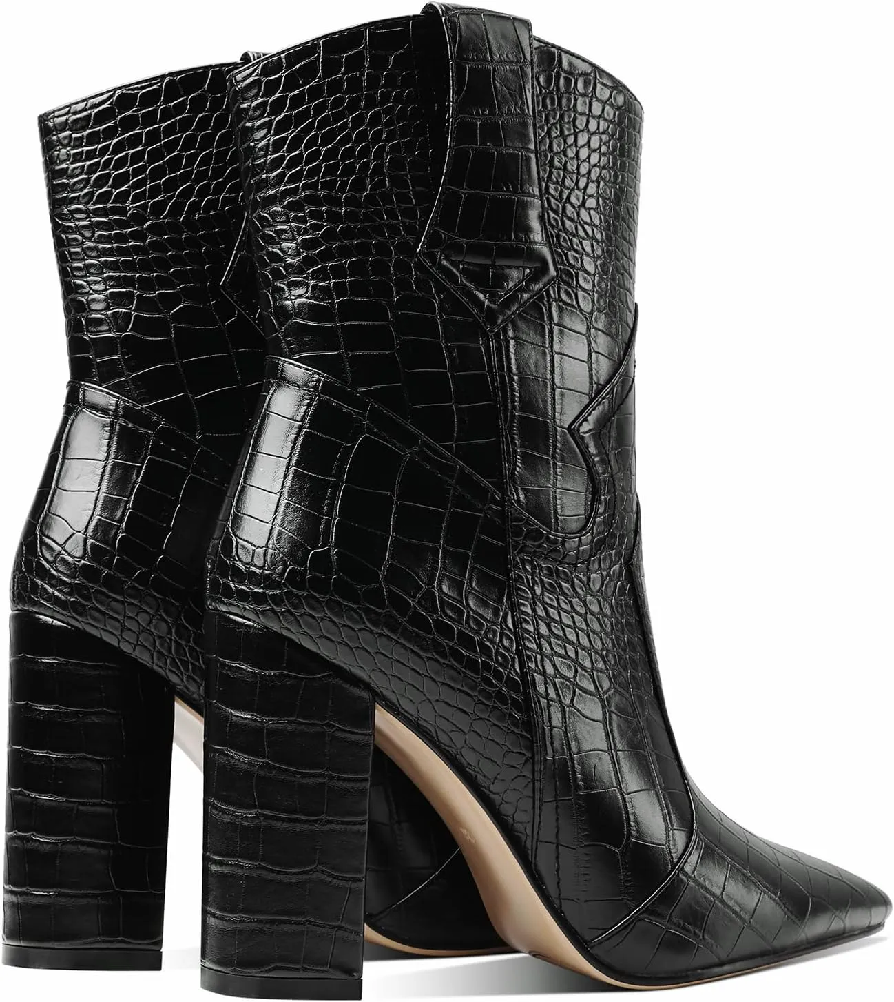 MOOMMO Women High Block Heel Mid Calf Western Booties Pointed Toe Cowboy Booties Crocodile Cowgirl Ankle Boots Pull On Matte Leather 3 Inch Chunky Heel Stone Pattern Vintage Dress Booties Shoes 4-11 M US